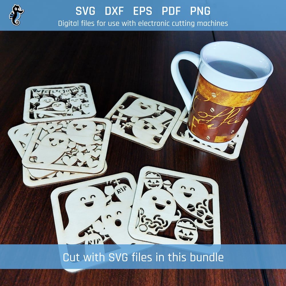 Coaster SVG - Ghost SVG coaster bundle image 4 Laser-cut wooden coasters cut using the tree coaster SVGs in this bundle.